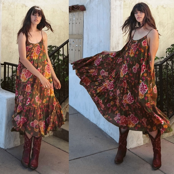 New Novella Royale The Flower Dress Rust Primrose Floral M Bird Midi Strappy NWT - Picture 5 of 16